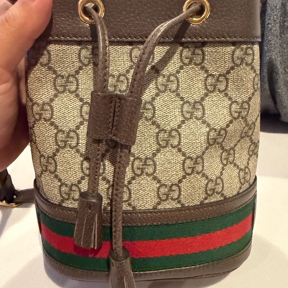 Gucci Beige Monogram Bucket Bag with Green and Red Accents Like New